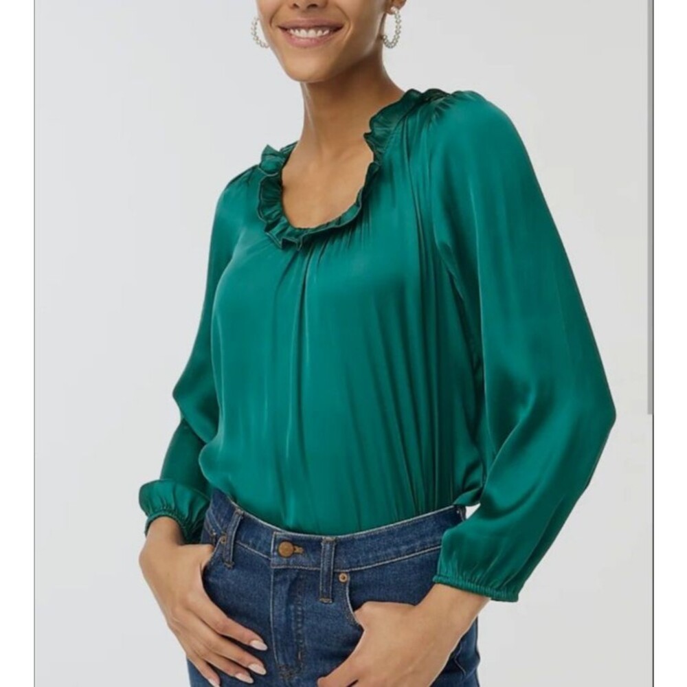 J Crew Women's Top Kelly Green Satin Long Sleeve Plus Size XXL Ruffle Neck NWT
